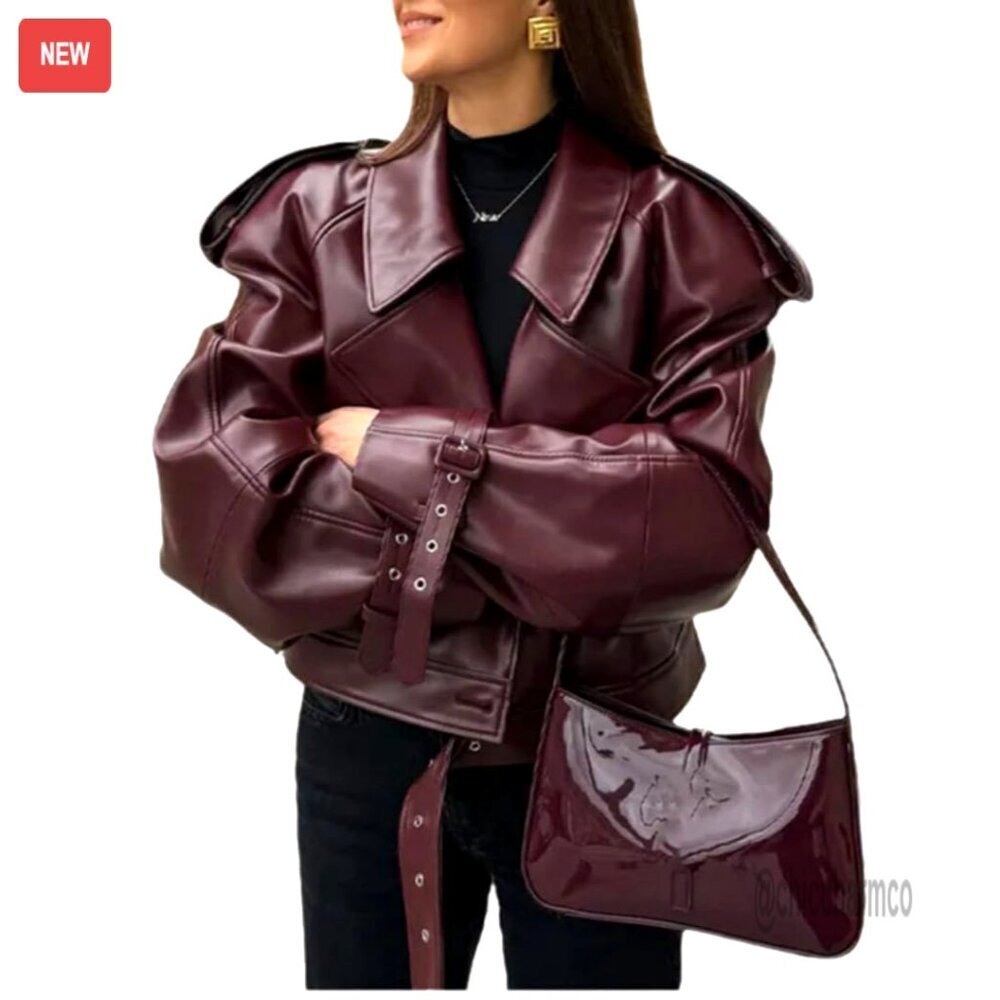 Women's Faux Leather Motorcycle Jacket, Retro Collar, Oversized Fit